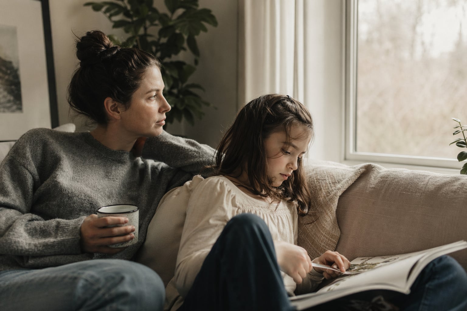 A parent and child sitting on a couch in warm window light, the child quietly reading.